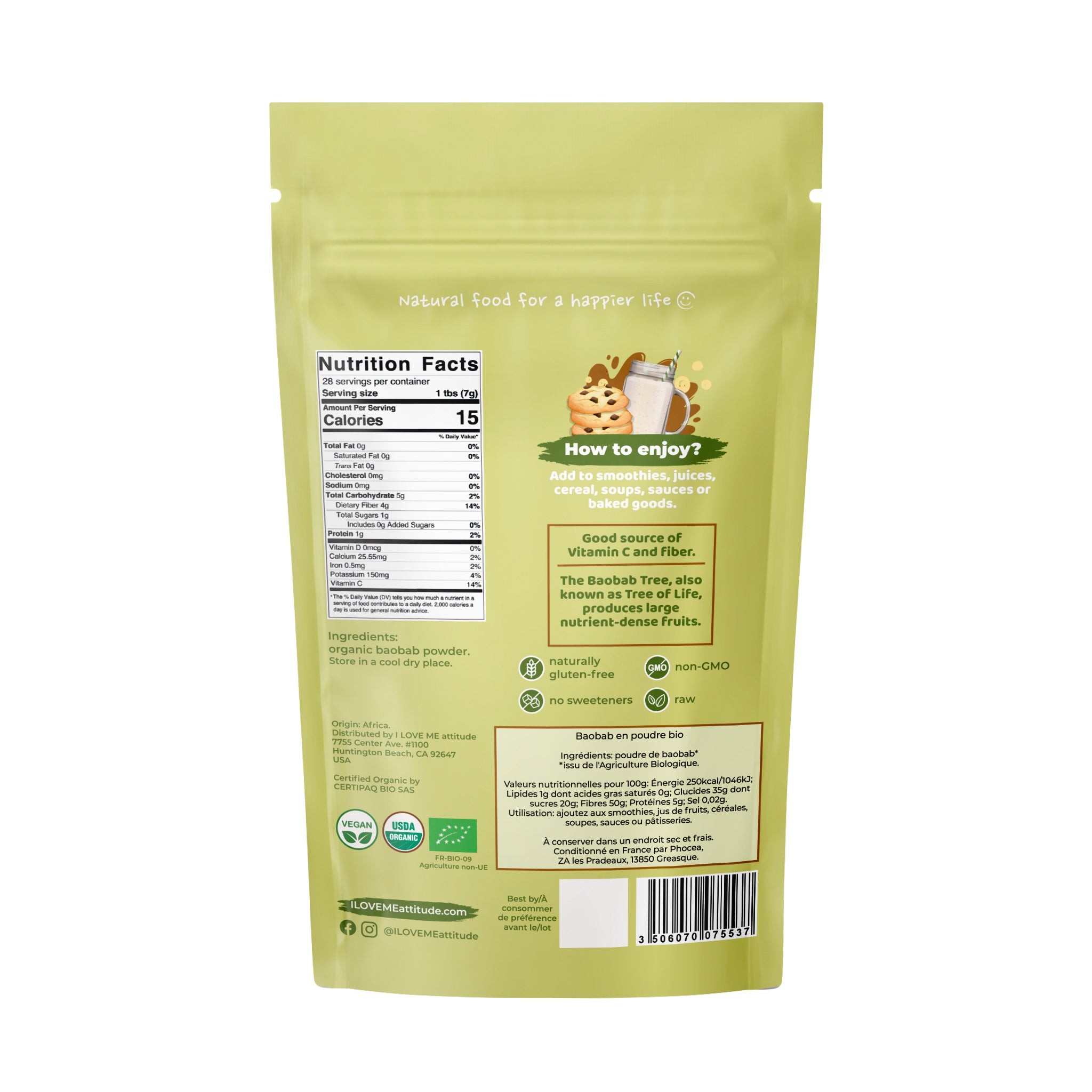 Poudre de baobab bio (500g), baobab bio issu de l'agriculture biologique  contrôlée, sans gluten, sans lactose, testé en laboratoire, végétalien,  baobab 100% naturel : : Epicerie